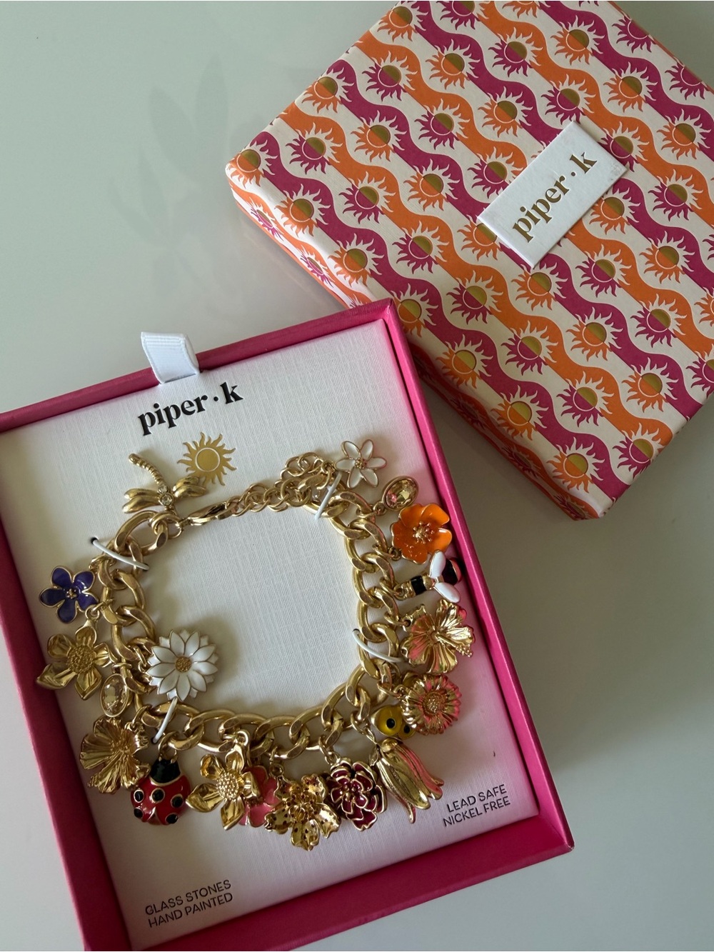 Piper K Gold Flower Ladybug Charm Bracelet